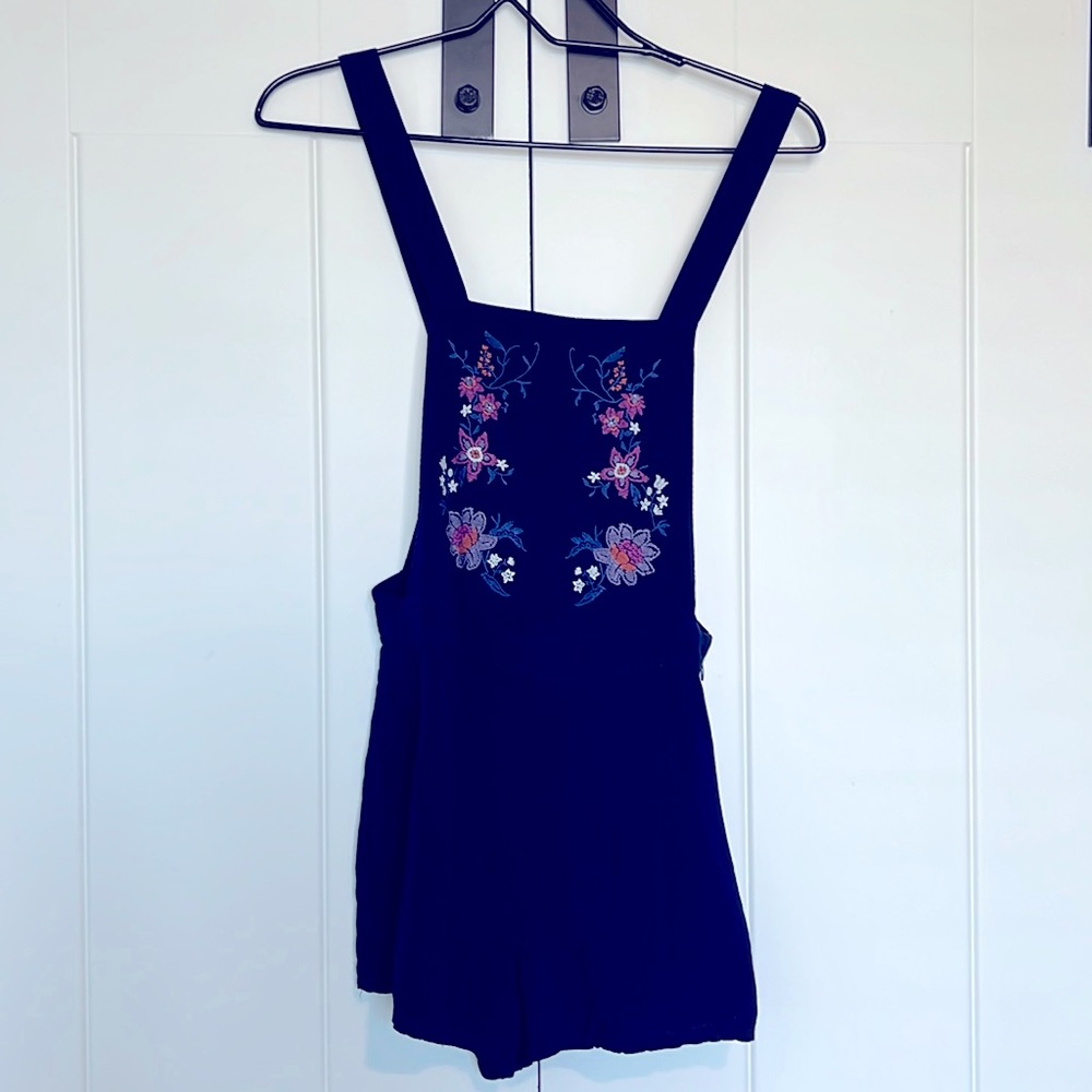 H&M Navy Embroidered Short Overalls
